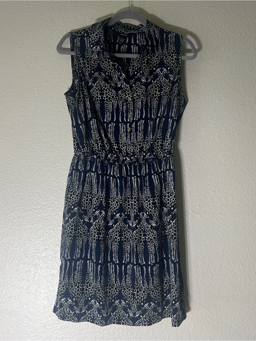 Alfani Navy, Black and White Giraffe Printed Sleeveless Collared Midi Dress